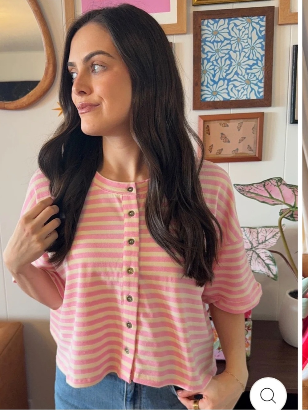 HYFVEPink Striped Button-Front Womens Top